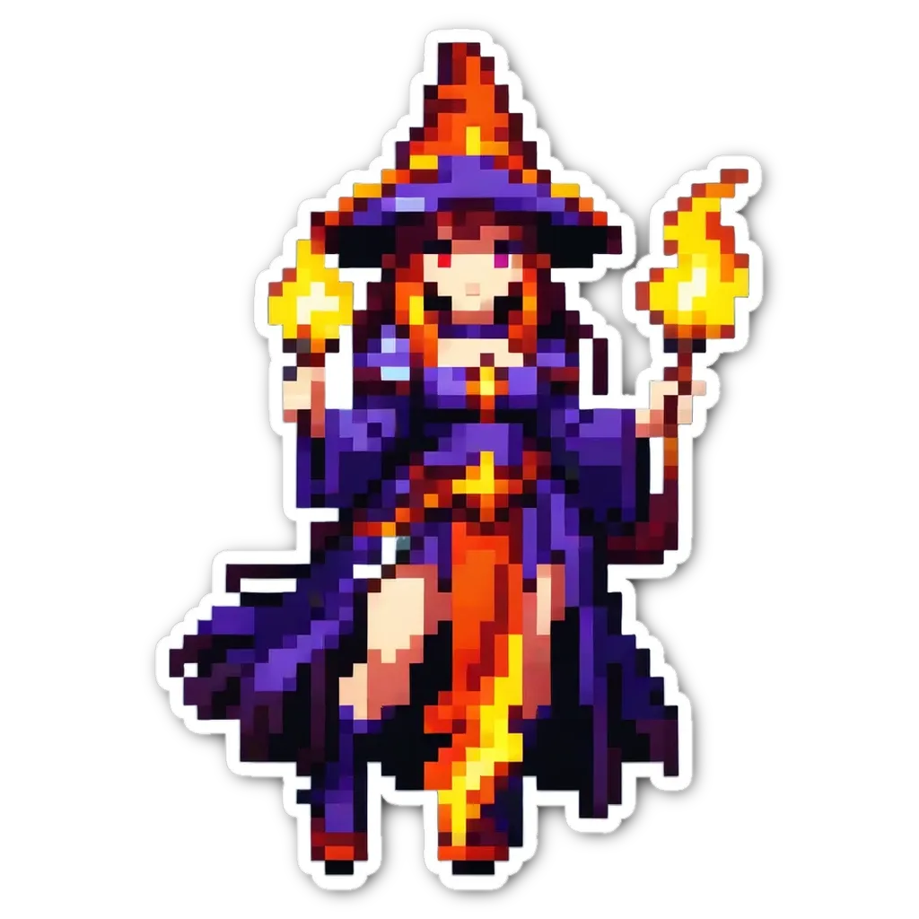 A woman in a dark robe with a hat on and holding two torches.