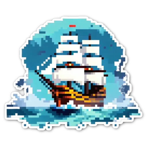 A sticker of a ship in the ocean that is pixelated.