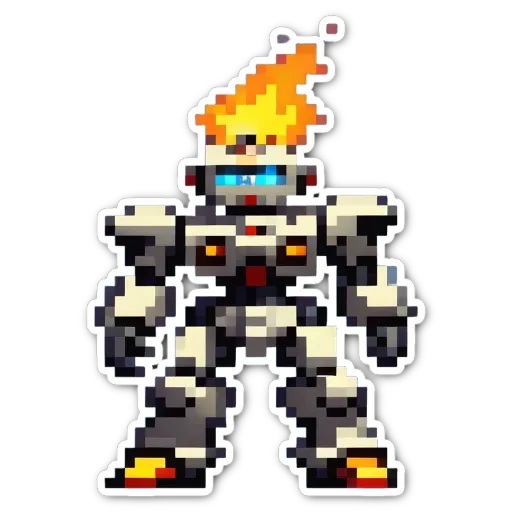 A pixelated robot with a flame on its head.