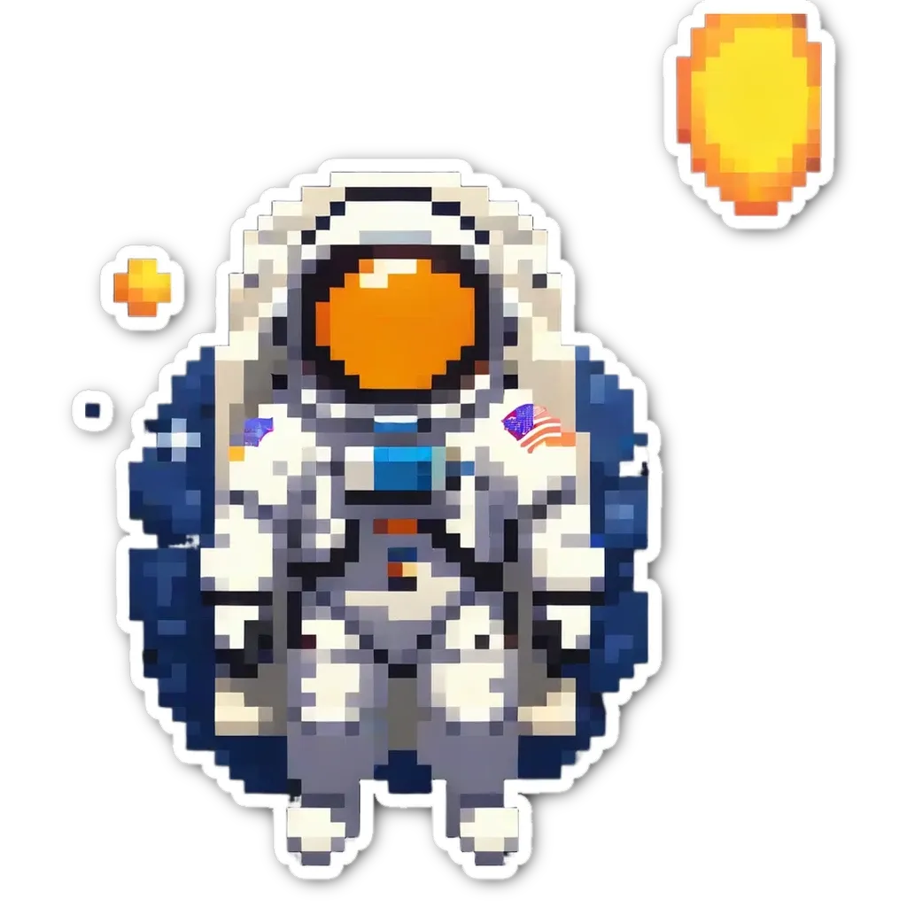 A space man in a pixelated sticker from a video game.