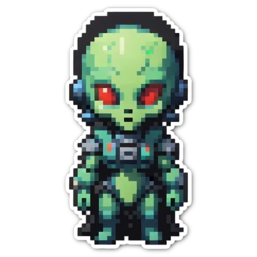 A green alien wearing a green body armor and red eyes.