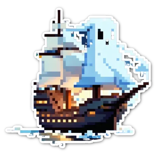 A sticker of a ship in pixel art.