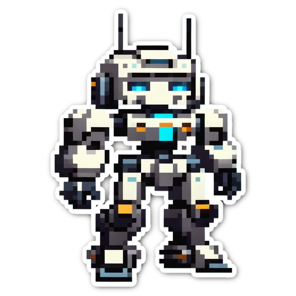 A robot figure in white arms and legs generated with pixelated stickers.