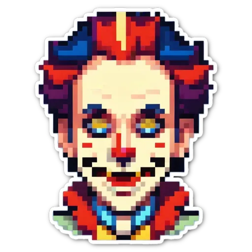 A pixelated sticker of a clown that is smiling.