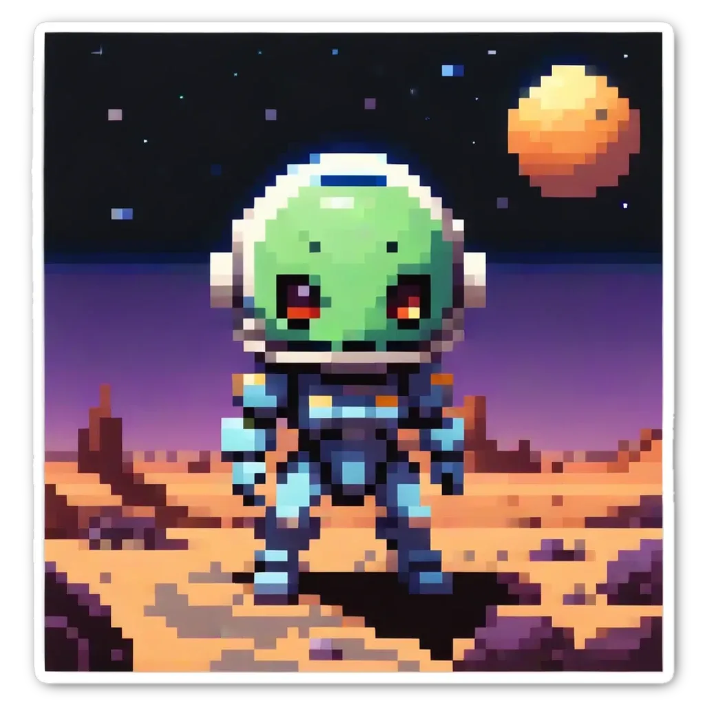 A child robot in space with a desert background and a planet with a moon.