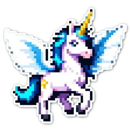 A sticker of a unicorn with blue and white wings.