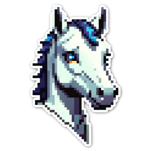 A sticker of a horse with blue eyes is on a black background.