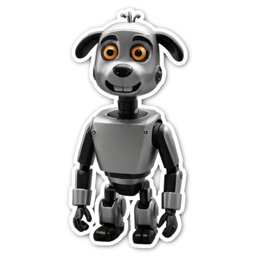 A robot dog sticker is on a black background.