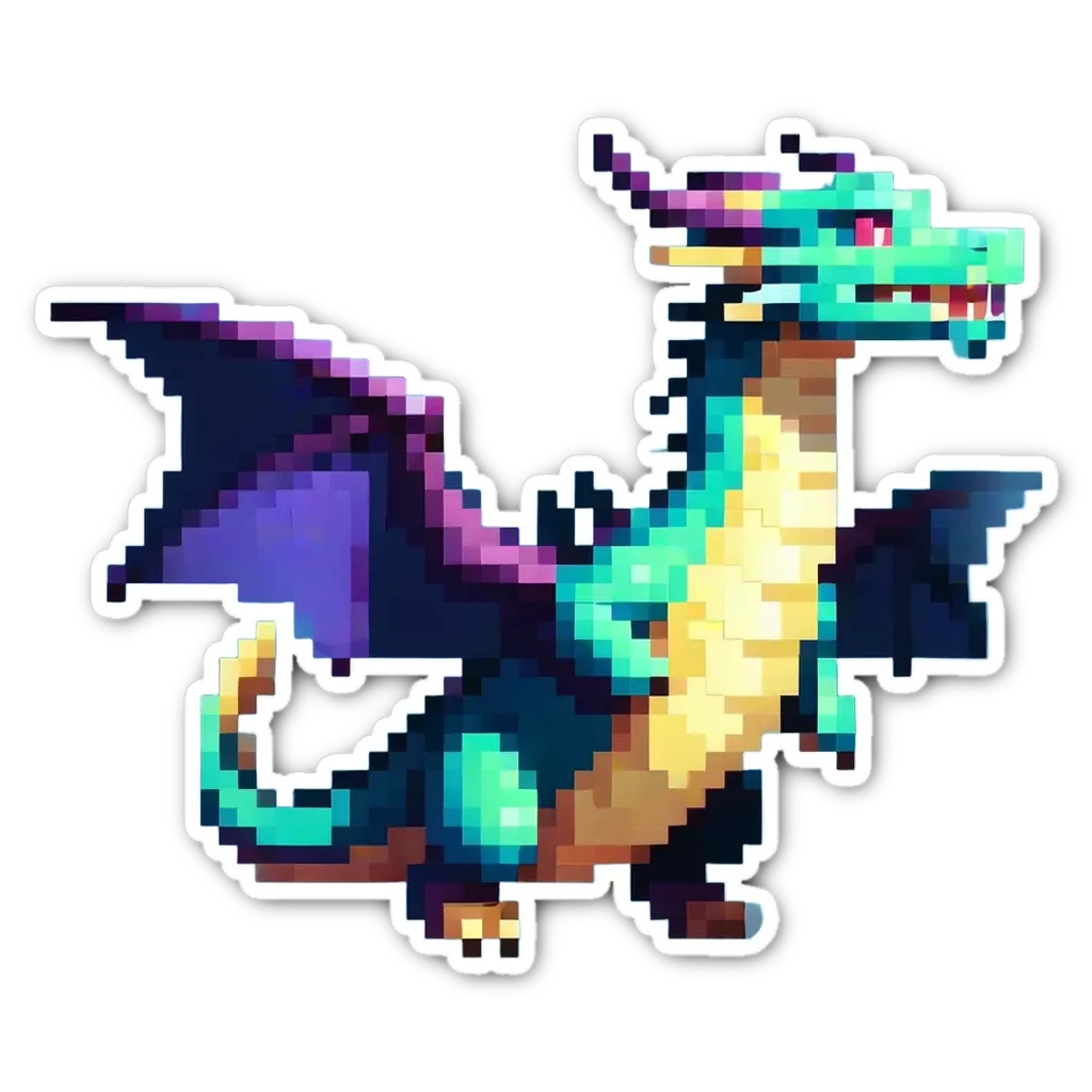 A dragon sticker in blue and yellow with black wings.