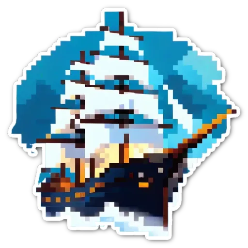 A sticker of a ship in a pixelated style.