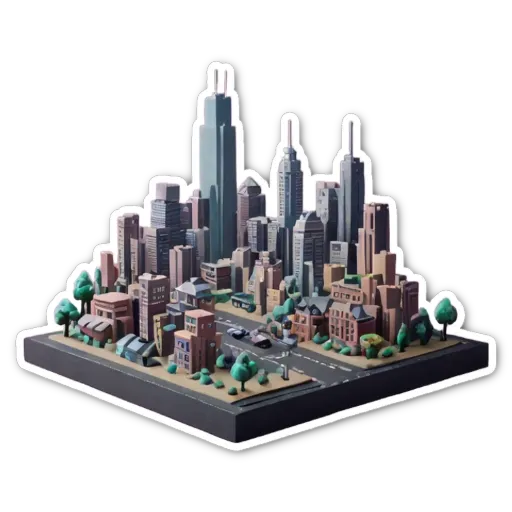 A sticker of a city with tall buildings in it.