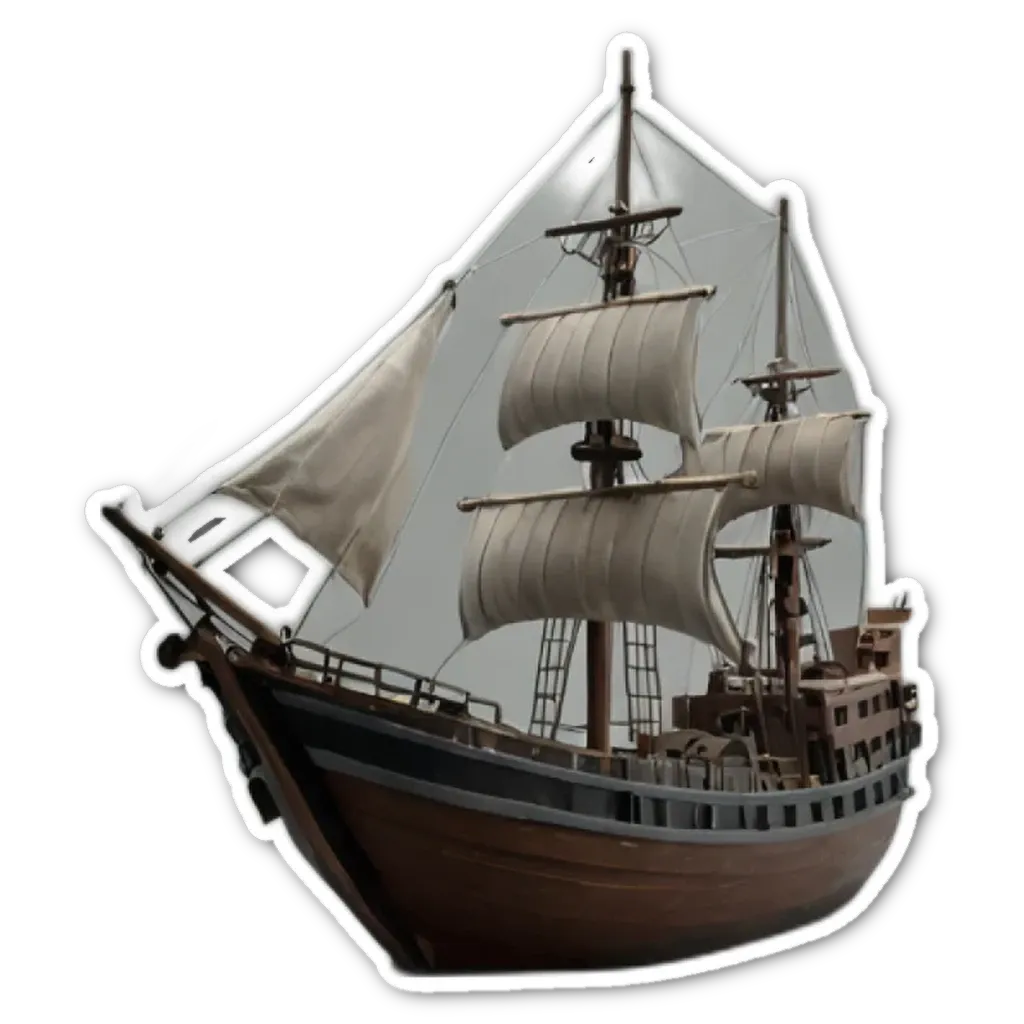 A sticker of a ship that has a black eye and white spots.