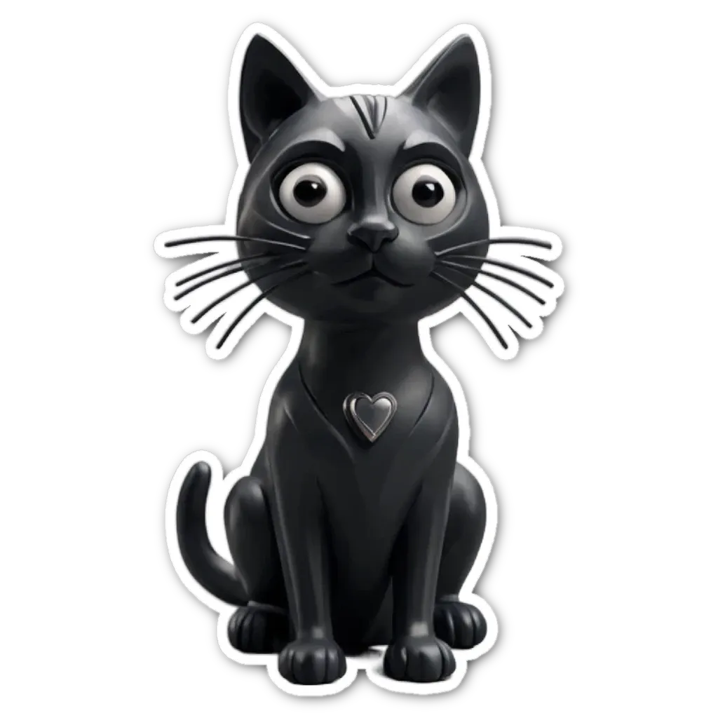 A black cat with a heart is sitting on a black background.