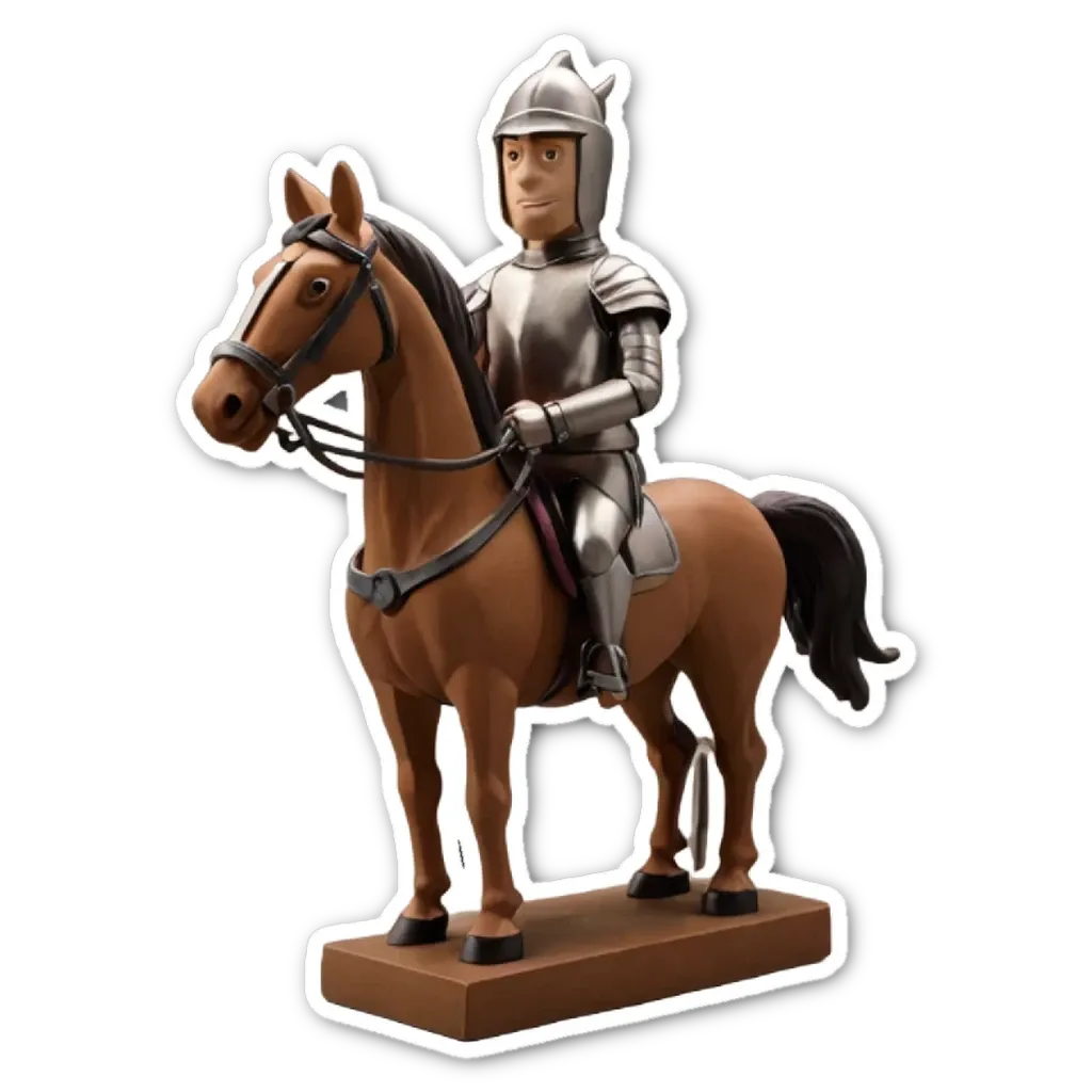 A plastic man on a horse is a cartoonish sticker.