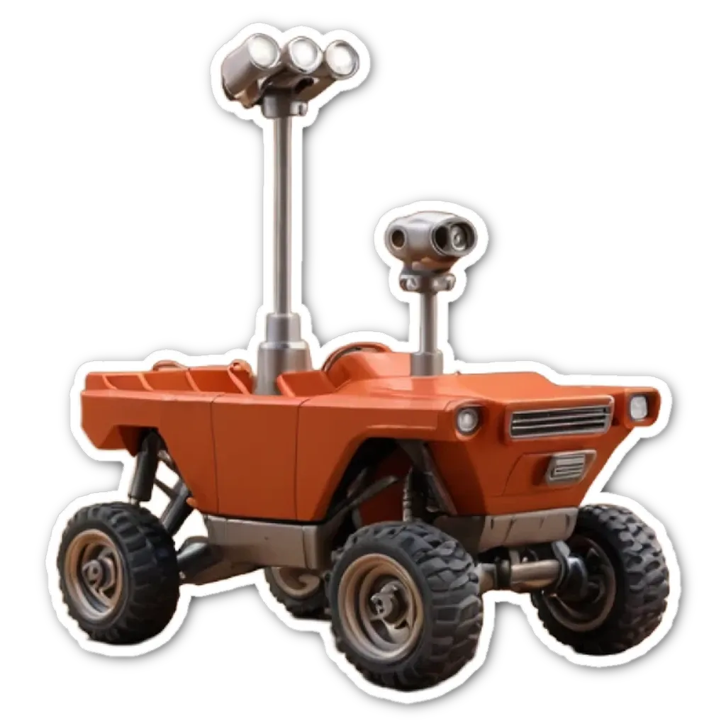 A sticker of a robot vehicle with four wheels.