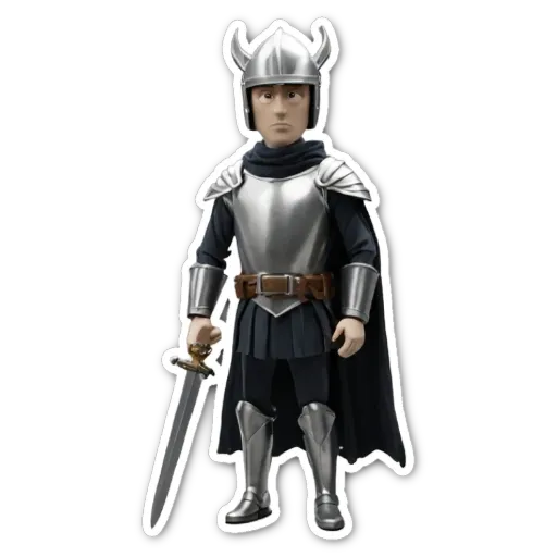 A plastic toy of a knight with a shield and sword.