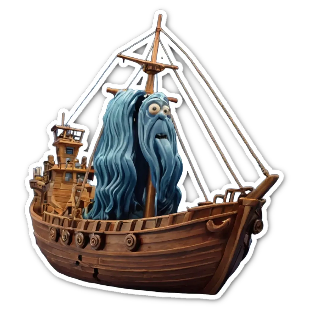 A ship with a man on board who has long hair.