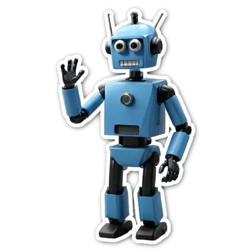 A blue robot with two black eyes and two black arms.