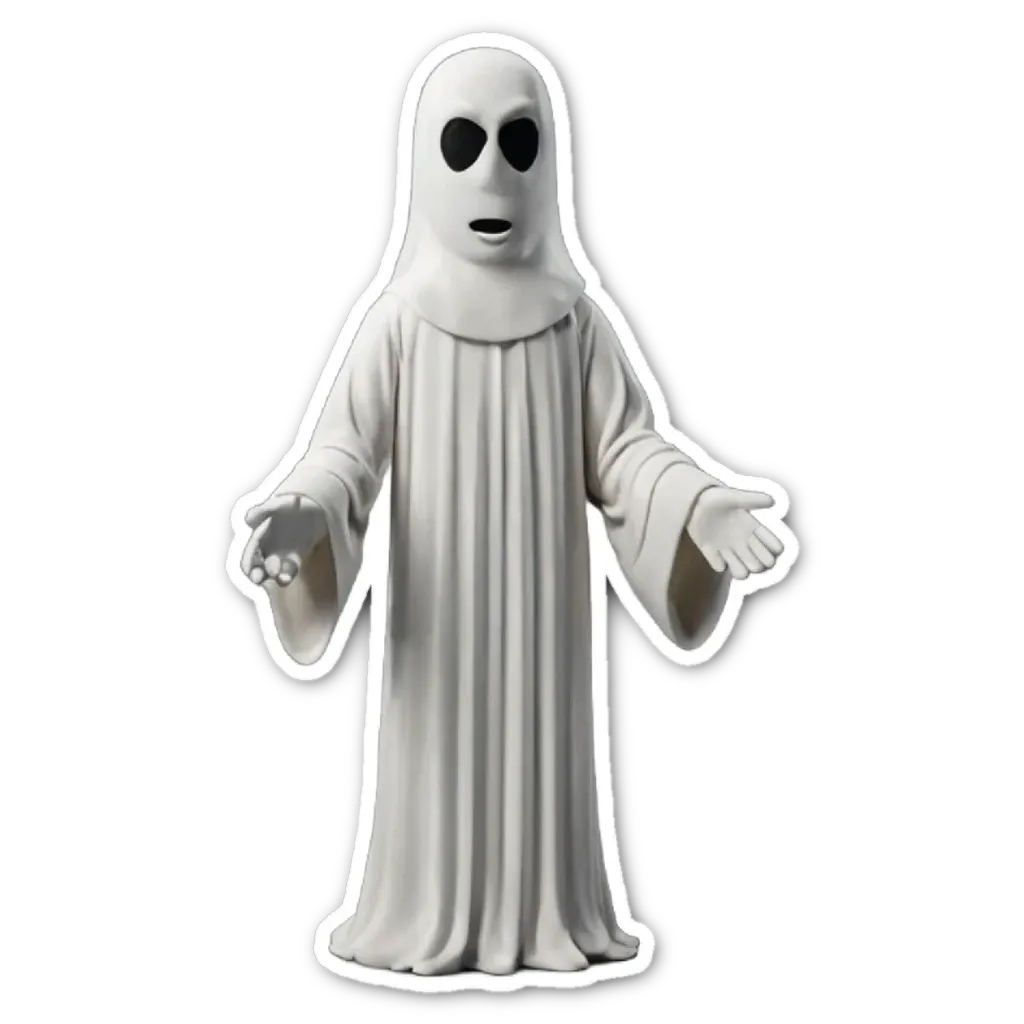 A ghost in a white dress standing with its hands up and arms out.