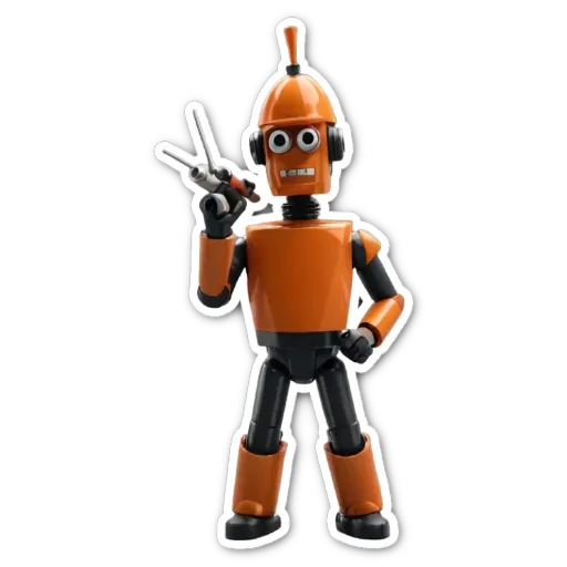 An orange robot figure holding scissors and peace sign.