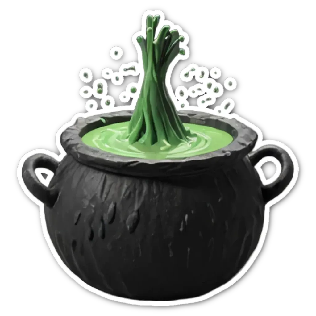 A sticker of a cauldron with green liquid in it.