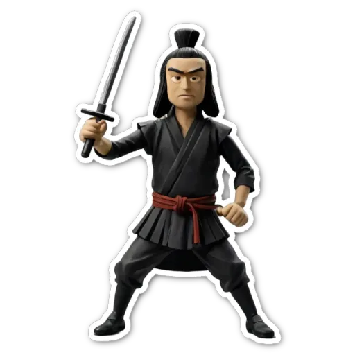 A figure holding a sword that is black.