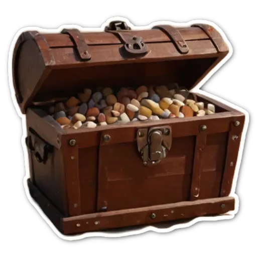 A wooden trunk filled with rocks is open and ready to be explored.