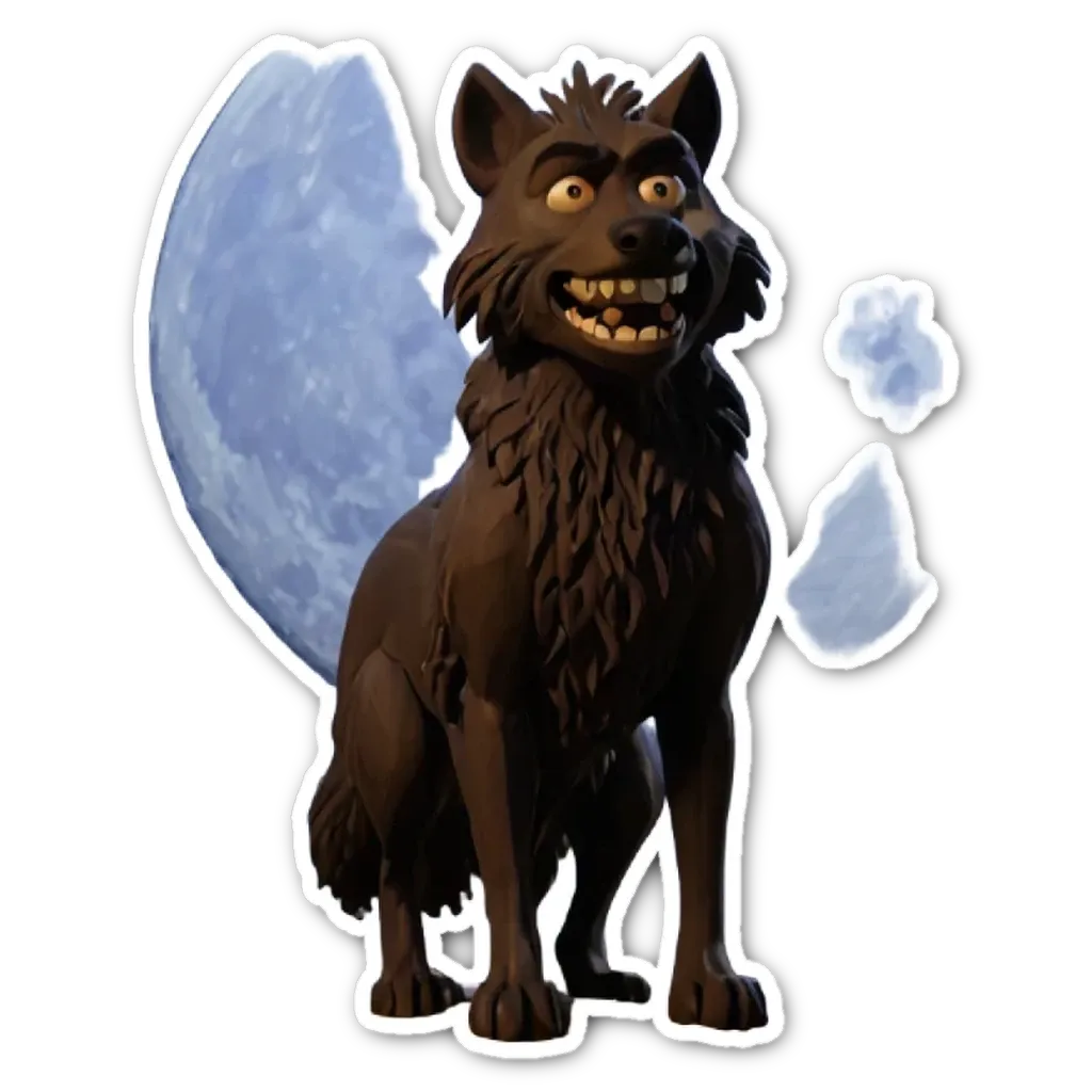 A sticker of a wolf that is brown and smiling.