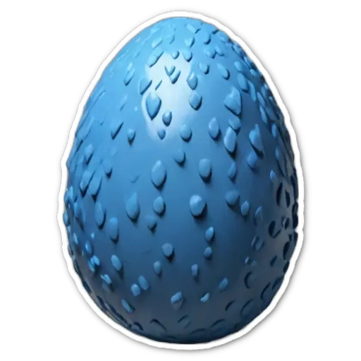 A blue egg with bumps all over it is stickered onto a black background.