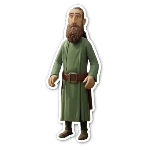 A green colored character with a beard and green clothing standing on a black background.