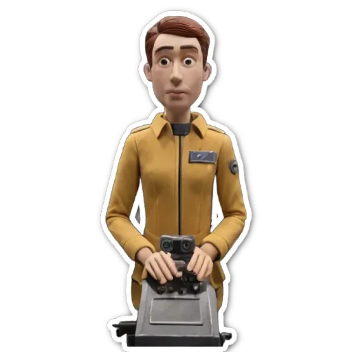 A sticker of a man who looks like he works at a typewriter.