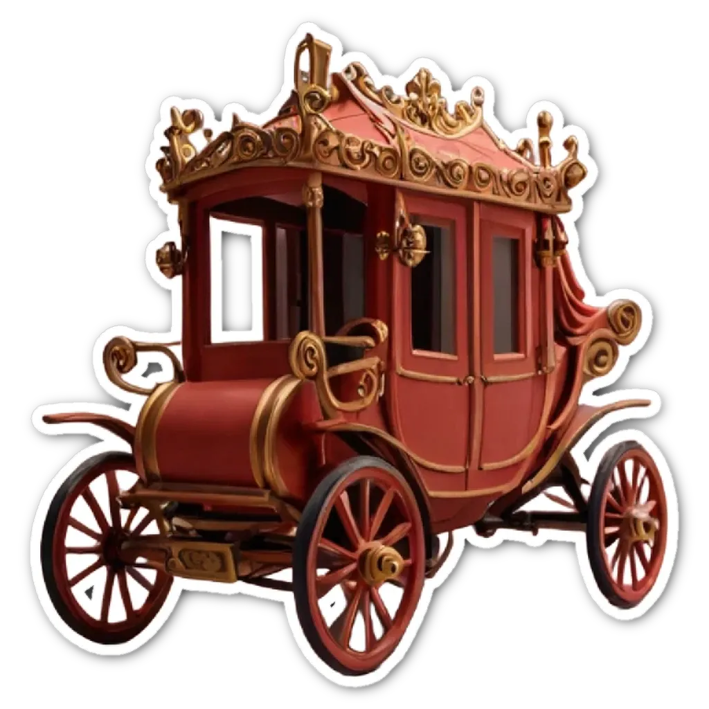 A red carriage with a gold design on top is on a black background.