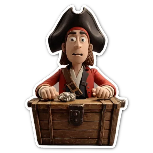 A plastic toy man in a pirate hat looking at something in a wooden box.