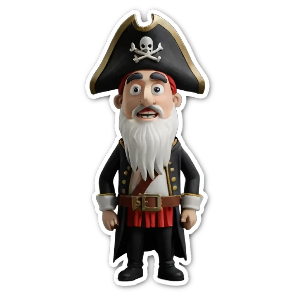 A sticker of a pirate that has a skull and crossbones hat.