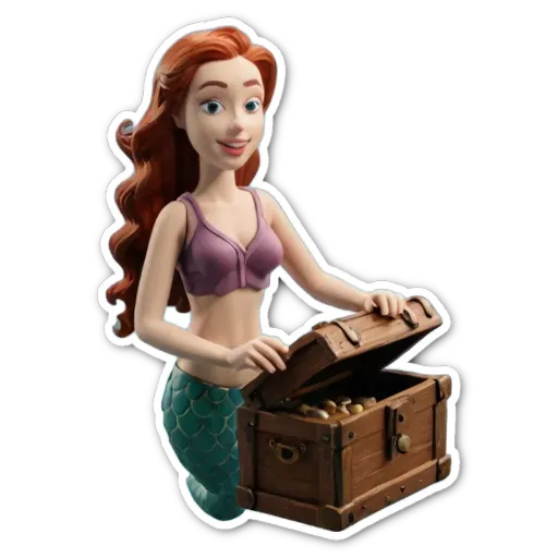 A girl in a mermaid costume open a chest.