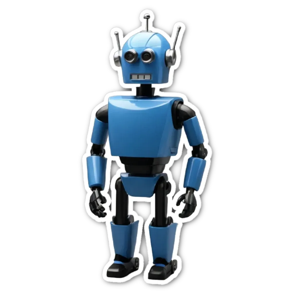 A blue robot is standing on a black background.