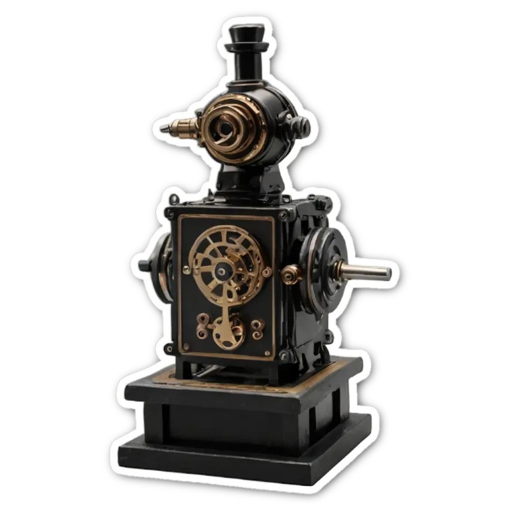 A black and gold mechanical device with a clock on the front.