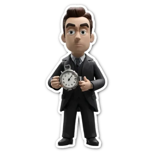 A plastic toy of a man in a suit holding a clock.