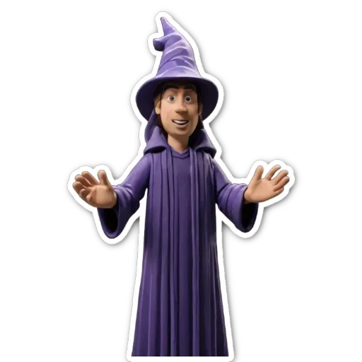 A cartoon of a wizard that is purple in color.