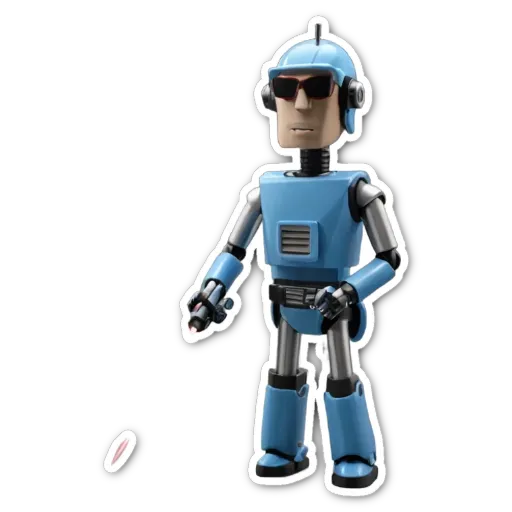 A plastic robot wearing blue color and sunglasses is standing on a black background.