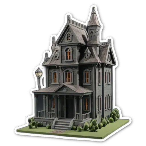 A sticker of a house with a light on in it.