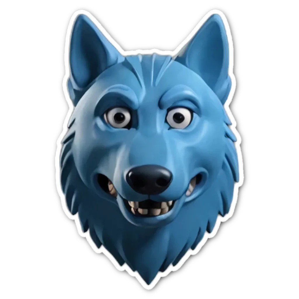 A blue mask of a wolf with big teeth.