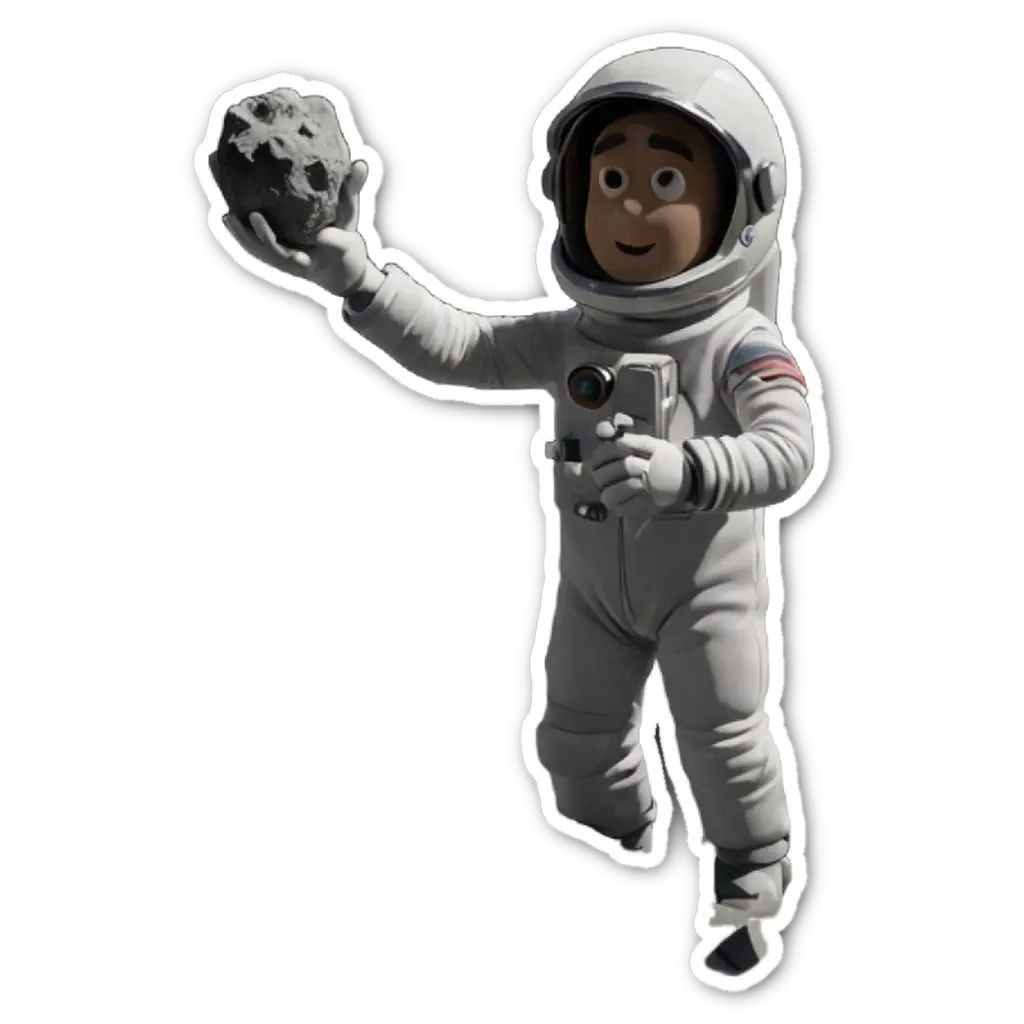 A space man in a uniform holding a rock in his right hand.