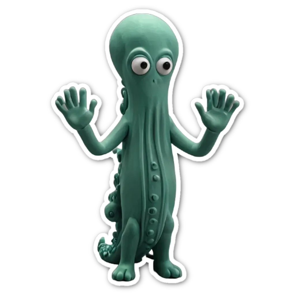 A green figure with eyes is standing on a black background.