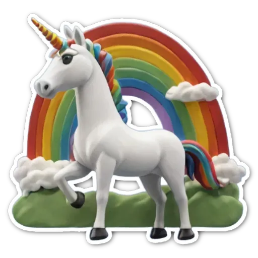 A rainbow colored unicorn is standing in front of a rainbow.