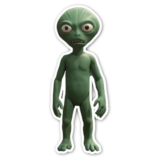 A green alien with big eyes standing on a black background.