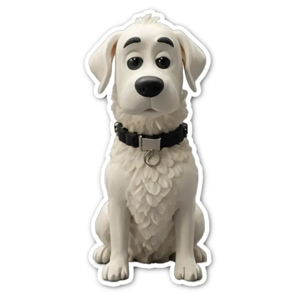 A white dog statue is sitting on a black background.