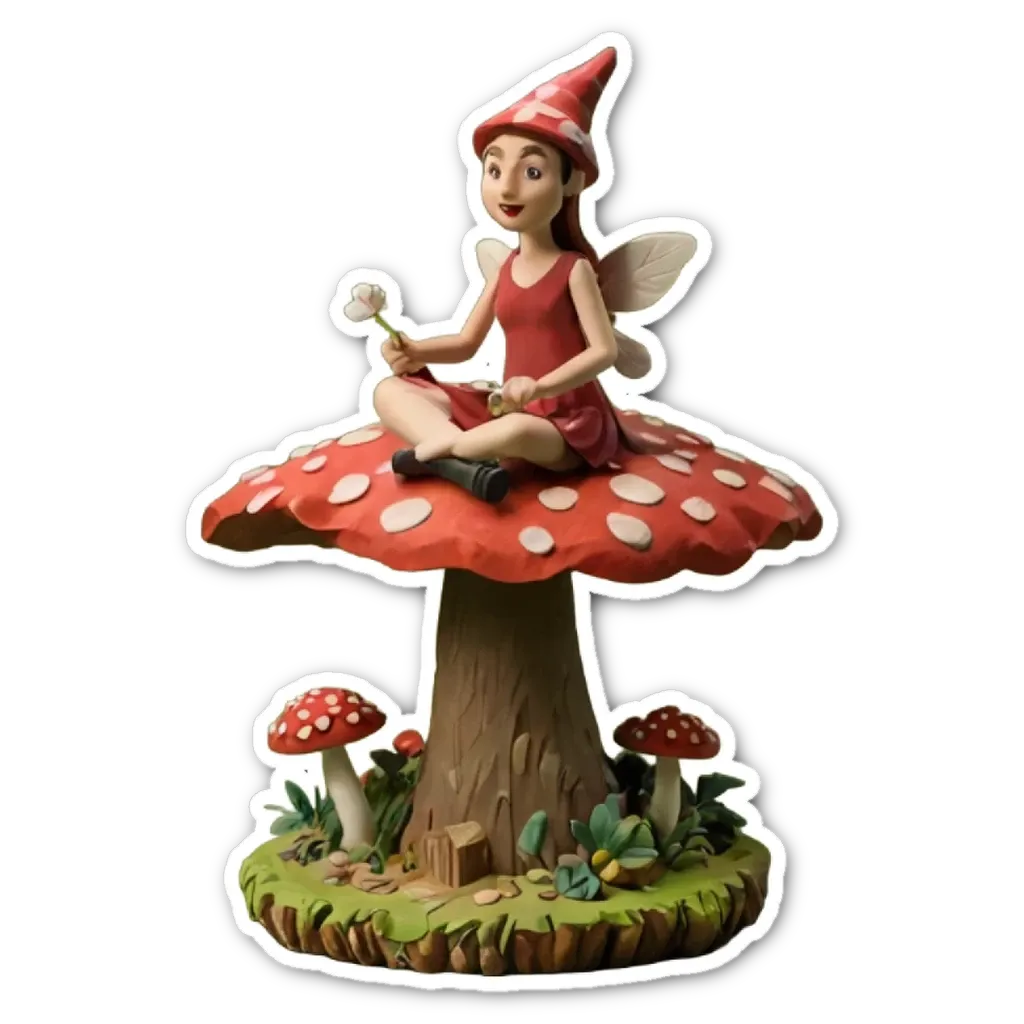 A fairy sitting on a mushroom with her wings in her hand.