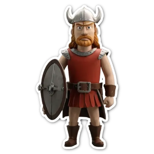 A plastic viking man holding a shield is standing on a black background.