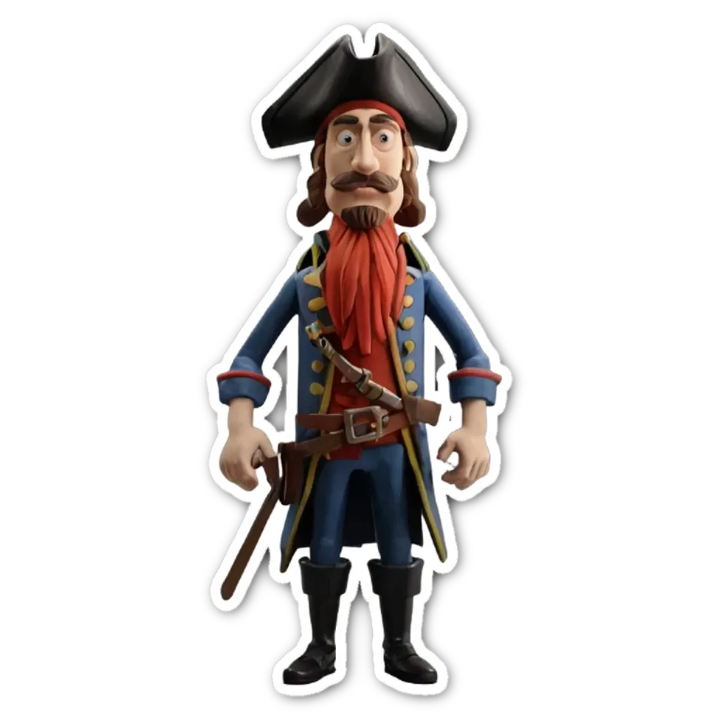 A plastic toy man wearing a pirate costume and a red beard.